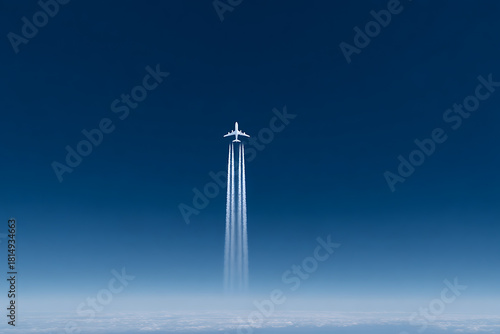 air travel illustration, contemporary aircraft with contrails against a gradient blue backdrop, in a sleek travel poster design