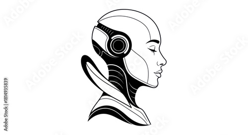 Sleek Robotic Female Head Profile Illustration with Advanced Cybernetic Features.