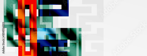 Abstract geometric shapes, vibrant colors blend. Complex patterns create modern digital artwork. Minimalist design, intriguing composition.