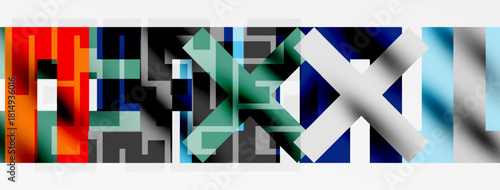 Abstract geometric composition. Rectangles overlap, creating complex visual texture. Colors include red, blue, green, gray.