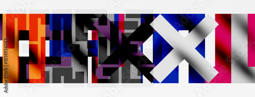 Abstract composition. Rectangular blocks, vibrant colors, complex patterns create dynamic visual experience. Modern art style.