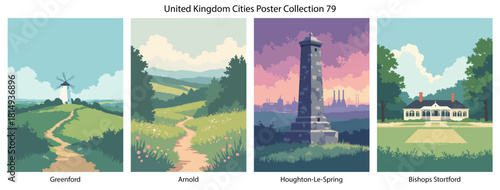 Greenford, Arnold, Houghton-Le-Spring, Bishops Stortford Flat Vector Poster Collection
