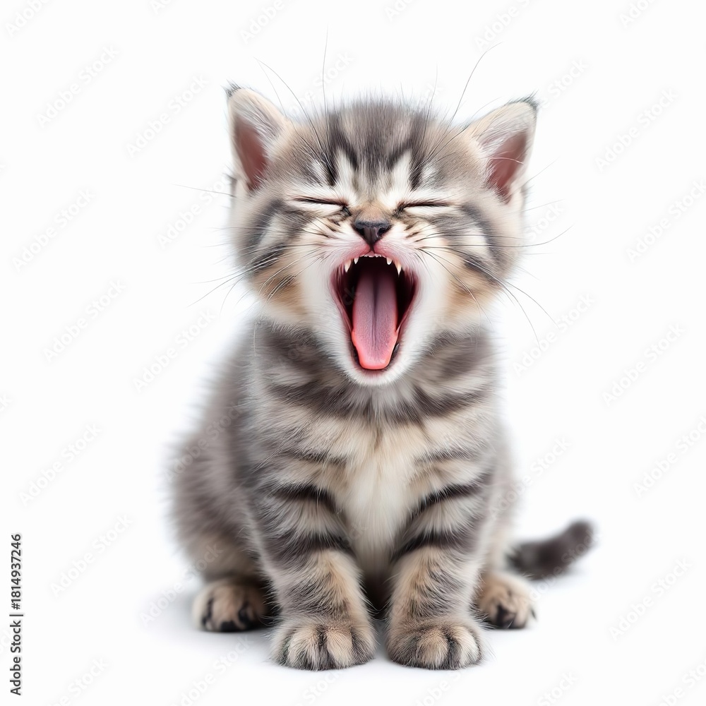 Fototapeta premium Cute tabby kitten yawning with mouth wide open isolated on white background little gray cat showing teeth