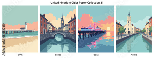 Blyth, Eccles, Redcar, Airdrie Flat Vector Poster Collection