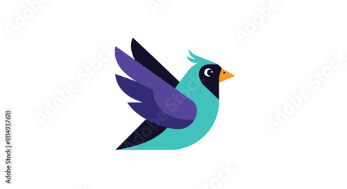Stylized bird with teal body, purple wings, and orange beak