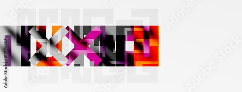 Abstract geometric composition. Squares, rectangles, triangles form colorful mosaic. Minimalist design, modern aesthetic.