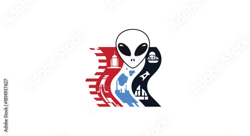 Alien icon over abstract red/blue/black shapes