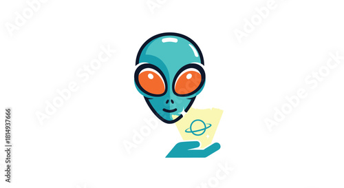 Friendly teal alien presents a planet illustration