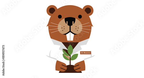 Cute beaver doctor holding plant