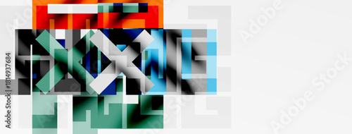 Abstract geometric composition. Squares, rectangles overlap creating complex visual pattern. Colors include red, green, blue, gray. Minimalist design.