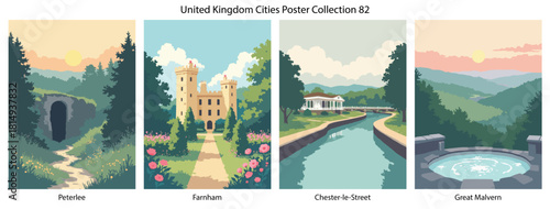 Peterlee, Farnham, Chester-le-Street, Great Malvern Flat Vector Poster Collection