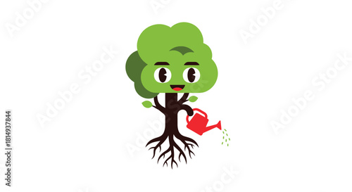 Cute tree character watering roots