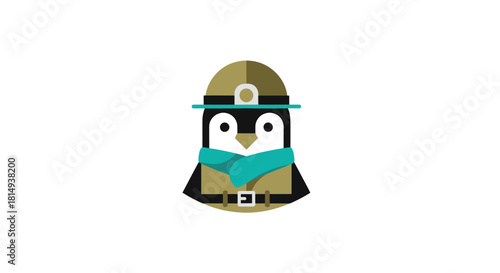 Flat cartoon penguin with a hat and scarf