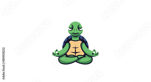 Meditating cartoon turtle with green skin and a blue shell, seated in a lotus position against a white backdrop