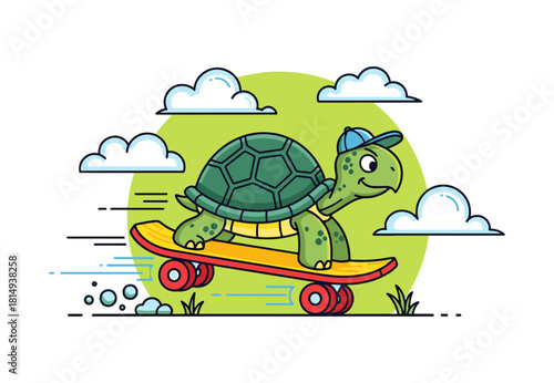 Cheerful turtle rides skateboard with joy in a bright whimsical scene, perfect for kids' products or fun loving brand, conveying speed and lighthearted energy on summer day