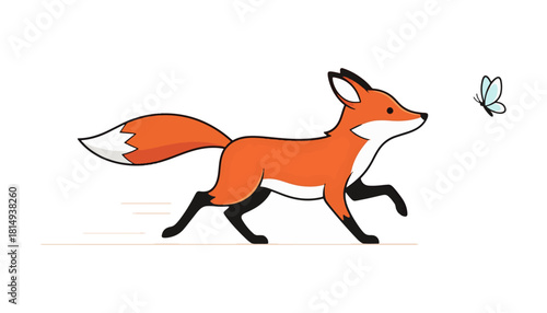 Cartoon fox running and playfully chasing a blue butterfly on a white background