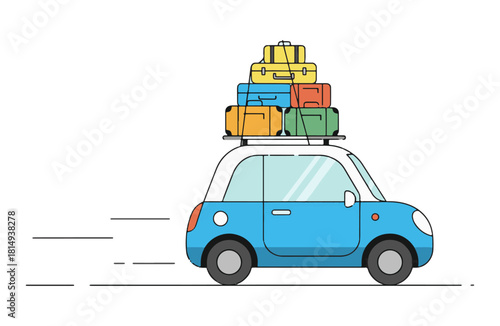 Adorable blue car speeding away with luggage strapped to the roof for a fun family adventure, promising exciting vacations and memorable road trips