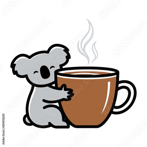 Adorable koala enjoying a steaming cup of coffee, perfect for cafe promotions or cozy morning vibes, bringing warmth and happiness with every sip, ideal for branding or designs