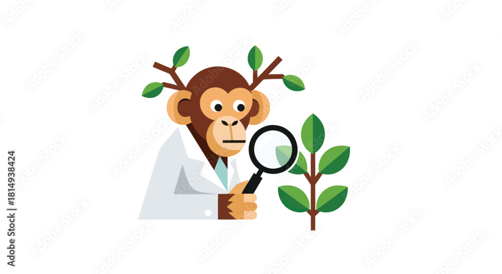 Naklejka premium Monkey scientist studies plant