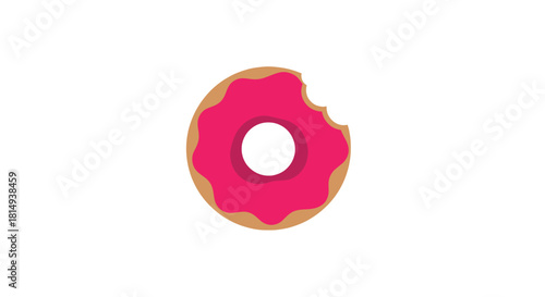 Bitten cartoon donut with pink frosting on a white backdrop