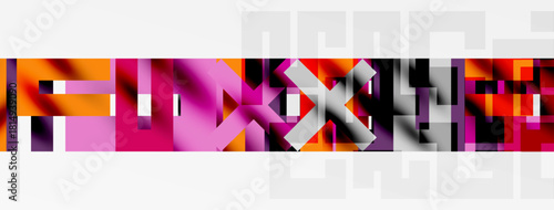 Abstract geometric shapes, pinks, grays, oranges dominate composition. Minimalist design with strong contrast, modern aesthetic.