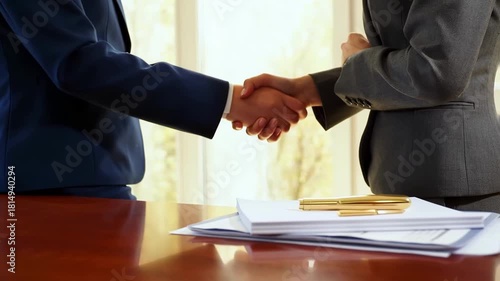 Wallpaper Mural Business professionals shaking hands over documents with golden pen in bright office, symbolizing partnership and agreement video footage Torontodigital.ca