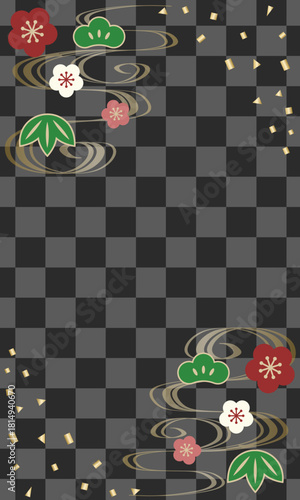 黒い市松模様の華やかなデザイン背景（縦型）