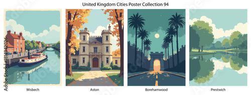 Wisbech, Aston, Borehamwood, Prestwich Flat Vector Poster Collection