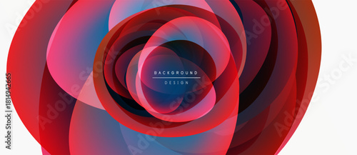 Abstract floral design. Concentric layers create swirling red, pink, purple effect. Modern background element. Simple text overlay present.