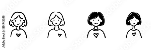 Four Diverse Female Faces Line Icon Set In Doodle Style. Expression And Personality Representation Outline Sketch Collection. Hand Drawn Isolated Vector Illustration