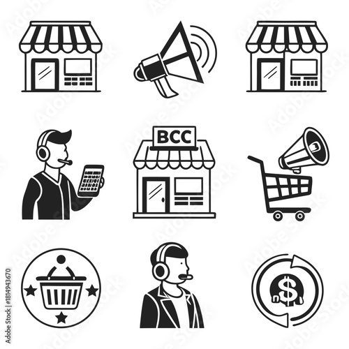 B2C icon set. Business to consumer, e-commerce, customer service, retail, digital marketing, direct sales, customer experience, online store and more. Solid vector icons collection