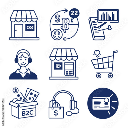B2C icon set. Business to consumer, e-commerce, customer service, retail, digital marketing, direct sales, customer experience, online store and more. Solid vector icons collection
