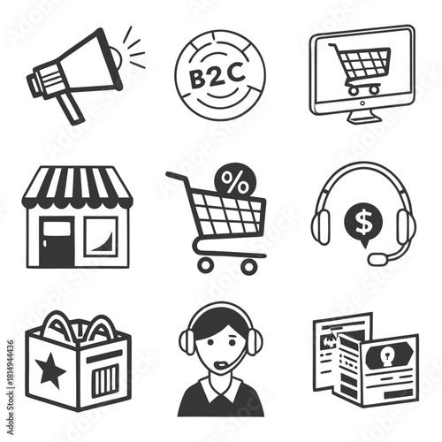 B2C icon set. Business to consumer, e-commerce, customer service, retail, digital marketing, direct sales, customer experience, online store and more. Solid vector icons collection