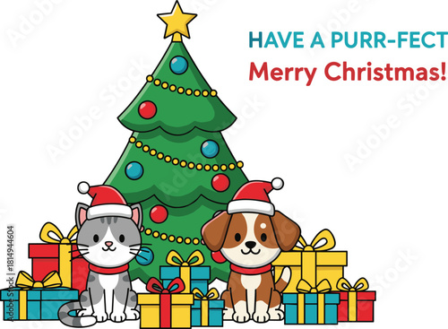 Cute Christmas cat and dog with decorated tree and gifts, festive holiday pets celebration artwork, cad drawing flat vector illustration