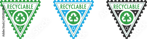Recyclable label set | Recyclable Triangle Stamp Icons | Green, Blue, and Black Recycling Symbol Badges for Eco-Friendly Product Labels