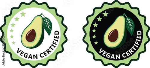 Vegan Certified png | Vegan Certified Avocado Labels - Green and Black Badges for Healthy Food Products and Vegan Lifestyle Marketing