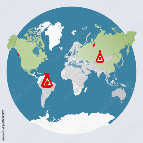 Stylized World Map Showing Volcanic Hotspots