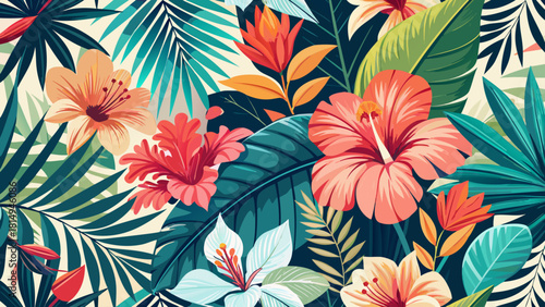 Very beautiful tropical floral pattern featuring hibiscus flowers and layered palm leaves, designed as elegant vector art with vibrant botanical elements arranged in a seamless and decorative composit
