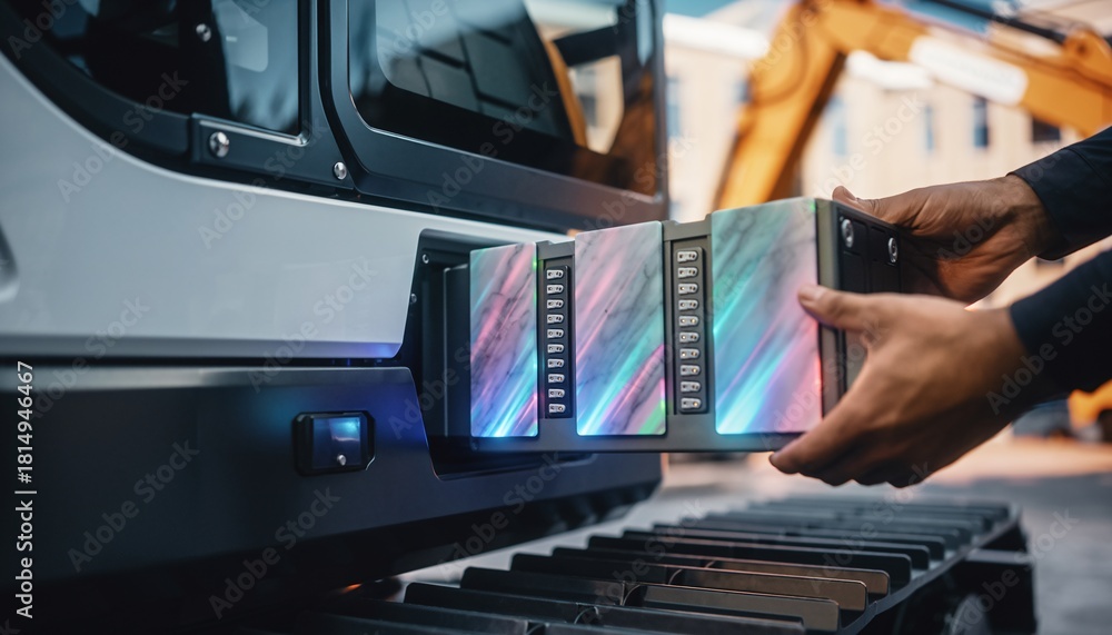 Obraz premium A person's hands are inserting a glowing, modular battery pack into the side compartment of a tracked excavator, highlighting advanced power solutions for heavy machinery.