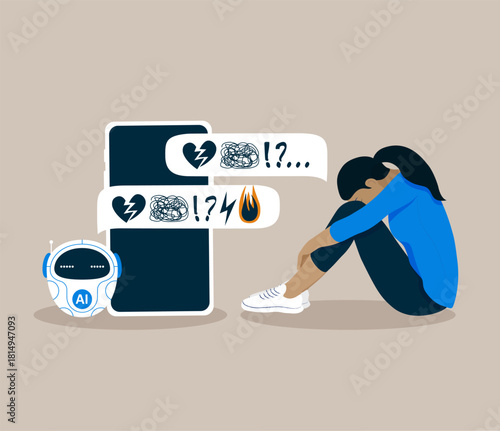 Woman suffering depression sits, hugging her knees and communicating with an AI chatbot on her phone. The concept of the risks of communicating with AI, which can worsen a human's psychological state