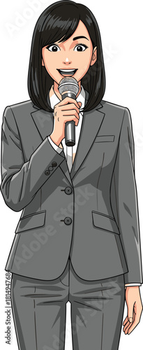 Professional female presenter holding microphone in formal business suit, confident public speaking character illustration for corporate communication and media design