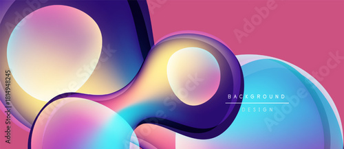 Abstract fluid shapes blend, creating vibrant gradients. Pink, purple, blue hues dominate design. Modern, dynamic composition.