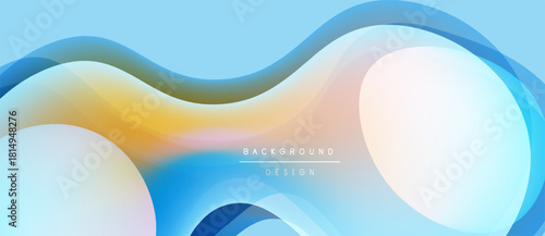 Abstract flowing shapes, soft gradients. Blue, orange, white hues create dynamic background design. Modern aesthetic, smooth transitions.