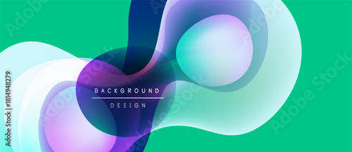 Abstract flowing shapes, vibrant colors, modern design. Turquoise background complements purple, blue gradients. Minimalist aesthetic.