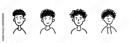 Four Bearded Men With Beanies Line Icon Set In Doodle Style. Facial Expressions And Winter Fashion Outline Sketch Collection. Hand Drawn Isolated Vector Illustration