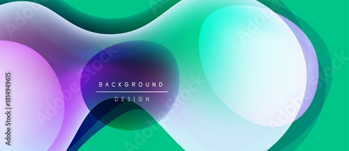 Abstract fluid shapes overlap, creating vibrant gradients. Green dominates background, purple and blue accents present. Modern design element.