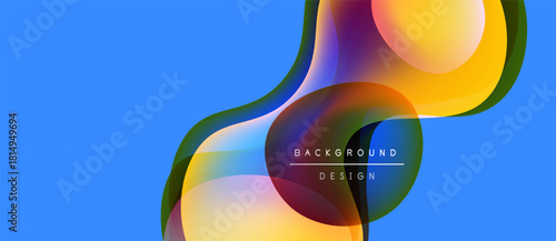 Abstract fluid shapes overlap, creating vibrant color gradients. Blue backdrop emphasizes dynamic composition. Text reads background design.