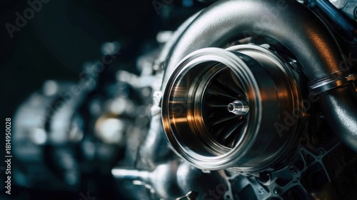 minimalistic bright photo of a turbocharged engine, visible turbocharger, compressor and turbine wheels, clean studio background, soft lighting