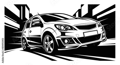 Dynamic Car Illustration: Sleek Design and Urban Setting.