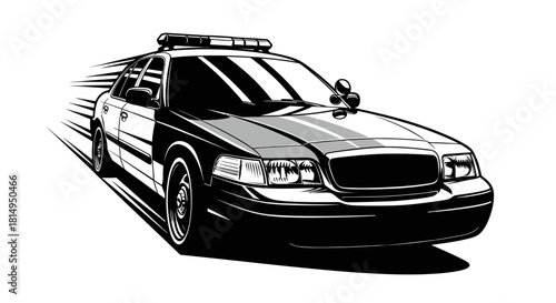 Black and white illustration of a police car speeding on the road.